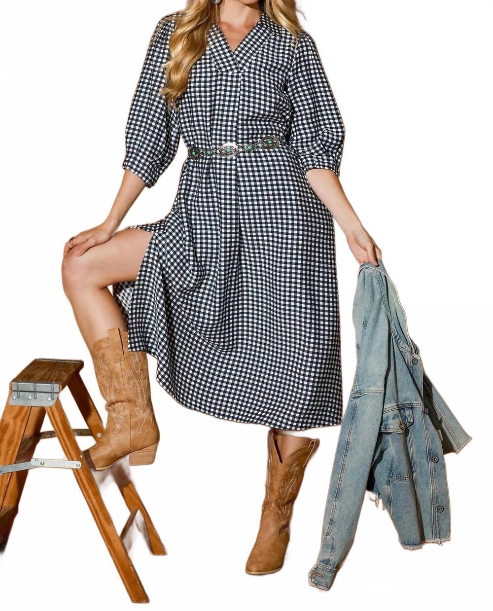 NEW UMGEE women's gingham check collared midi dress in black